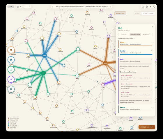 Valence values network — a rotating 3D graph showing shared and distinct values across group members